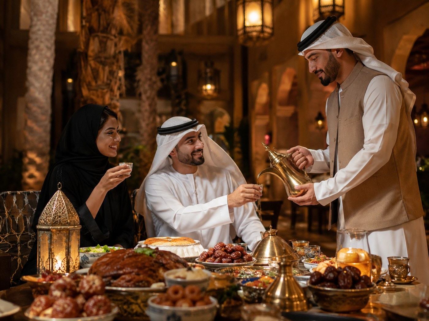 Elegant Dubai hospitality scene with Arabic coffee and dining.