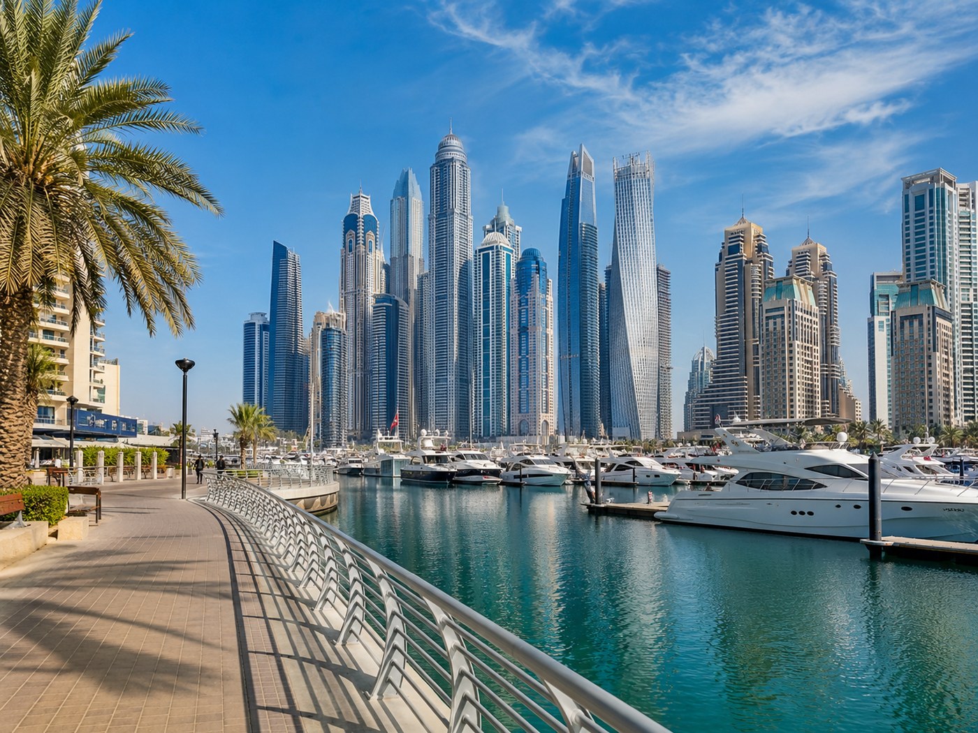 Waterfront promenade with yachts and high-rise towers in Dubai Marina.