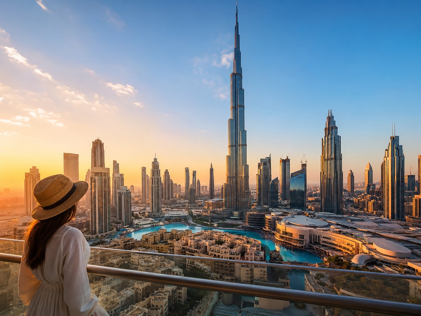 Downtown Dubai skyline at sunset with the Burj Khalifa.