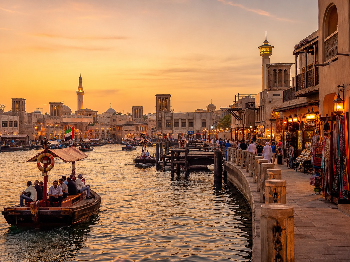 Dubai Creek waterfront with traditional boats and market lights.